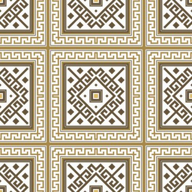 Eşkenar dörtgenli, kare kenarlı, çerçeveli kabile etnik kökenli kusursuz desen. Süslü Yunan geçmişi. Renkli geometrik süs. Soyut süslemeli zarif tasarım. Yunan anahtarcı. Sonsuz doku