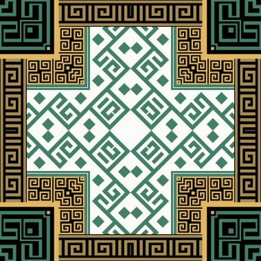 Kare çerçeveli kabile etnik tarzı pürüzsüz desen. Süslü Yunan geçmişi. Güzel renkli geometrik süsler. Soyut süslemeli zarif tasarım. Yunan anahtarcı. Sonsuz doku.