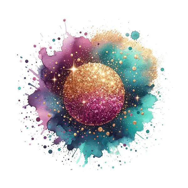 stock vector Luxury watercolor splash blot splatter stain with gold glitters. Watercolor brush strokes. Beautiful modern hand drawn vector illustration. Isolated colorful textured design on white background.