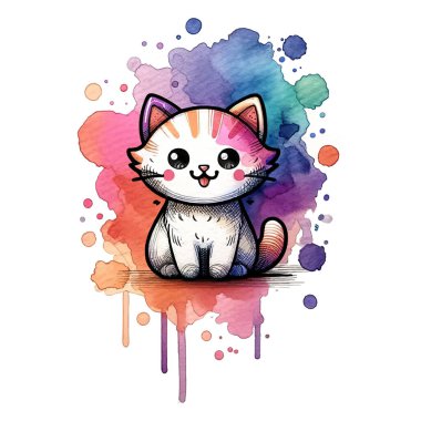 Çizik çizgiler, çizilmiş karikatür çizimleri kirli suluboya lekelerin üzerine gülümseyen sevimli kedi yavrusu. Küçük kediyle güzel moda çizim figürleri. Beyaz üzerine izole tasarım.