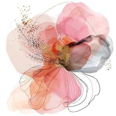 Suluboya çiçekli, minimalist desenli, karalama pembe zarif çiçekler, yapraklar, çizgiler, altın parıltısı. Güzel desenli el çizimi vektör çizimi. Beyaz üzerine izole edilmiş sanatsal tasarım.