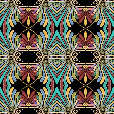 Renkli çiçekler, yapraklar ve girdaplarla çizgileri olan eski çağlardan kalma güzel bir klasik Yunan tarzı. Siyah arkaplanda çok renkli parlak süsler. Sonsuz vektör süsleme dokusu