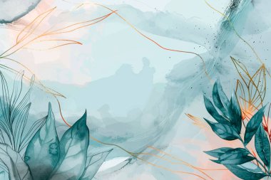 Dağları, karalama çizgileri ve yaprakları olan suluboya tropikal manzara deseni. Vektör modern arka plan. Çiçek yapraklı desen. Tropikal çizgilerle moda soyut düzenlemeleri Bitkiler, yaprak.