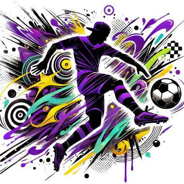 Dinamik graffiti stili spor vektör desenli arka plan çizimi bir futbolcu siluetinin top tekmelerken görüntüsü. Renkli menekşe sarısı siyah renkler beyaz arka Groind üzerinde izole tasarım