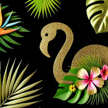 3D tropikal yapraklı altın parıltılı flamingo siluet ve siyah arka planda renkli çiçek desenli çizim. Yüzey dokusu. Kartlar, baskılar, dekor için lüks dekoratif güzel tasarım.