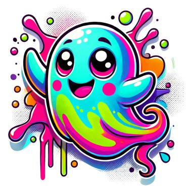 3D grafiti stili uçan şirin çizgi film Cadılar Bayramı hayalet desenli arkaplan çizimi. Kocaman mutlu gözleriyle gülümseyen tatlı Cadılar Bayramı hayaleti. Sıçrayan, sıçrayan kirli arka plan