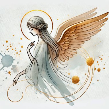 Watercolor drawing pattern illustration of a beautiful angel with golden wings, long hairs and a halo. White dirty vector background with splashes, splatters, spots, golden glittery doodle lines. clipart