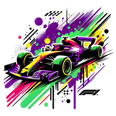 Bir Formula 1 yarış arabasının graffiti tarzı spor dinamik arka plan çizimi. Modern renkli soyut izole vektör tasarımı F1 arabası, karalama çizgileri, çizgiler, şekiller.