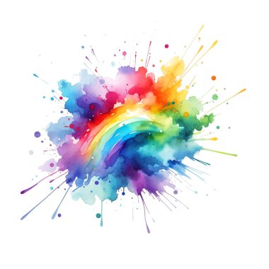 Parlak renkli suluboya sıçrama lekesi fırça darbeleri beyaz arka planda. Modern canlı akvaryum lekesi. Gökkuşağının renkleri beyaza izole edilmiş. Element. Vektör suluboya çizimi.