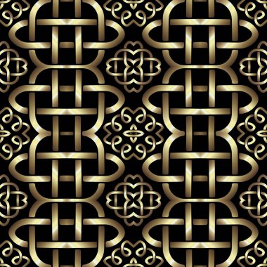 3D lüks altın şebeke, çiçek desenli, pürüzsüz. Süslü, zarif altın ve siyah arkaplan. Dekoratif arka planı tekrarla. Modern güzel süsler. Sonu gelmeyen 3d deseni.