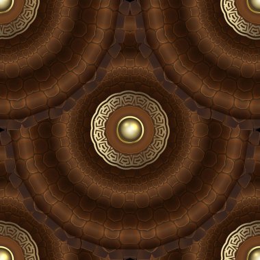 Sürüngen ölçekli timsah derisi 3 boyutlu mandalas desenli. Vektör lüks grunge yüzey arka planı. Sonsuz üç boyutlu doku. Altın çerçeveli ve 3D düğmeli güzel modern süsler..