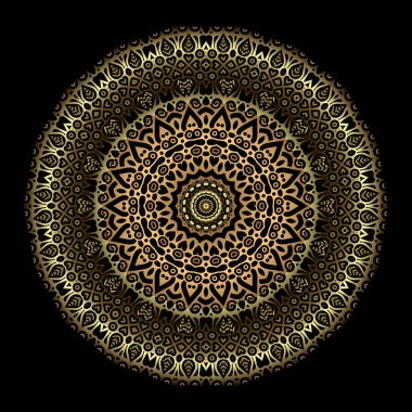 3D lüks altın rengi güzel mandala desenli zarif süsler, altın çizgiler, çiçekler, sınırlar, çerçeveler, daireler. Süslü vektör arka planı. Dekoratif yüzey dokusu.