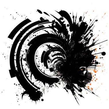 Siyah mürekkep sarmalı sıçrama lekeleri beyaz arka planda fırça darbeleri. Modern dekoratif sıçramalar. Beyaz arka planda siyah spiral modayı izole etti. Elementler. Vektör kirli çizim sıçraması.