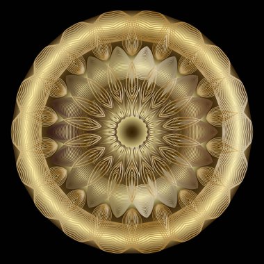 3D lüks altın çizgiler fraktal mandala deseni. Karmaşık desenli çiçekli altın mandala. Siyah arka planda modern, güzel, soyut 3D çiçek. Süslü geometrik vektör tasarımı. Yüzey dokusu.