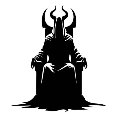 Vektör şeytan silueti. Uzun, dalgalı cüppeli, kapüşonlu, boynuzlu siyah şeytani şahsiyet. Efsanevi fantezi var. Beyaz arka planda izole edilmiş zarif yaratıcı tasarım.