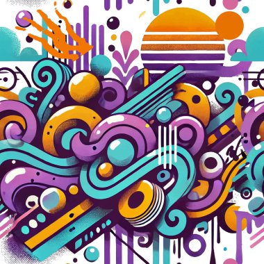 Graffiti stili soyut vektörsüz desen mor turuncu geometrik şekiller, spiraller, karalama çizgileri, squggles, daireler, çizgiler ve sıçramalar. Kirli modern arka plan. Sonsuz doku.