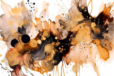 Soyut dinamik dışavurum şablonu, suluboya sıvısı sıçramaları, sıvı damlaları, kahverengi, bej ve siyah beyaz üzerinde lekeler. Kirli modern desenli dekorasyon. El çizimi illüstrasyon.