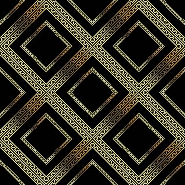 Altın lüks eşkenar dörtgen, waffle desensiz çerçeveler oluşturuyor. Vektör süsleme Yunan arka planı. Zarif Deco arka planı. Altın geometrik süsler. Modern soyut dekoratif tasarım. Sonsuz doku.