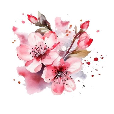 Sakura çiçeği. Çiçek desenli, suluboya, çiçek açan pembe kiraz çiçekleri, yapraklar, dallar ve beyaz arka planda lekeler. İzole edilmiş modern el çizimi vektör tasarımı.