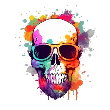 Canlı renkli grafiti tarzı el yazısı sakallı ve koyu güneş gözlüklü kafatası. Sulu boyalı parlak bir kafatası. Sıvı sıçrama, lekeler, sıçramalar. Beyaz arka plan. İzole vektör illüstrasyonu.