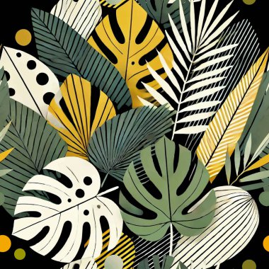 Renkli tropikal palmiye ve canavar yeşil sarı beyaz renklerde vektörsüz desen bırakır. Soyut desenli tropik bitki ve yapraklarla süslü parlak arka plan.
