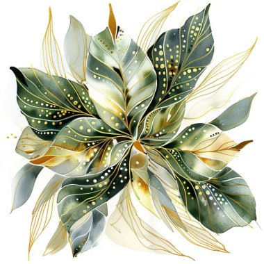 Tropikal altın yeşili süs yapraklarıyla suluboya desenli. Vector güzel boyalı yapraklı arka plan. Çiçek deseni. Altın tropikal bitkiler içeren lüks soyut desenler.