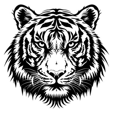 Siyah ve beyaz kaplan baş silueti. Güzel kaplan portresi olan modern vektör arkaplanı, dekoratif modaya uygun izole edilmiş tasarım. Logo, parmak izi, dövme için. Kumaş, el işi, tılsım. Vahşi yaşam.