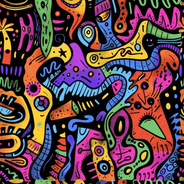 Renkli karalamalar, kıvrımlı soyut şekiller, siyah arkaplanda karalama çizgileri. Vektör parlak karalama çizimi. Sonsuz doku. Kumaş, baskı, kapak, duvar kağıdı için.