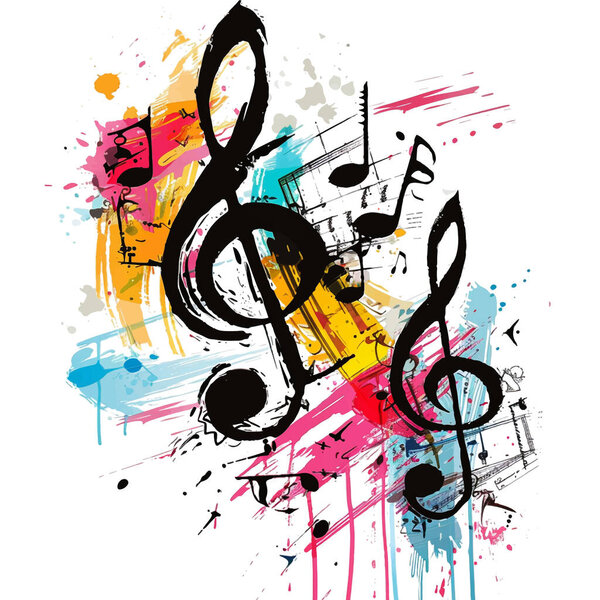 Graffiti style colorful painted splashes with black music notes and treble clefs. Dirty modern vector musical background.