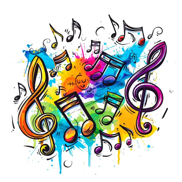 Graffiti tarzı renkli boyalar, siyah notalar ve üç tuşlu tuşlarla sıçrıyor. Kirli modern vektör müzikal arka planı. Eğlenceli desenler çizimi.