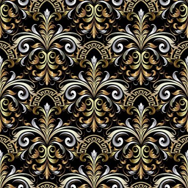 Şatafatlı çiçekli altın renginde, etnik Yunan tarzı elementlere sahip kusursuz bir Şam deseni. Süslü zengin vektör arka planı. Arkaplanı yeniden dekore et. Klasik çiçekli, yapraklı, Yunan kıvrımlı güzel süsler..