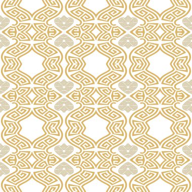 Modern beautiful greek key meanders seamless pattern with golden waves, love hearts. Vector ornamental rich background. Elegant trendy geometric greece ornaments. Endless patterned texture. For fabric clipart