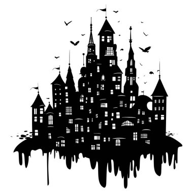Sayısız kulesi, penceresi, kulesi, kulesi ve uçan kuşları olan uzun bir kalenin siyah vektör silueti. Beyaz arkaplanda izole edilmiş modern sıvı tasarımı. 