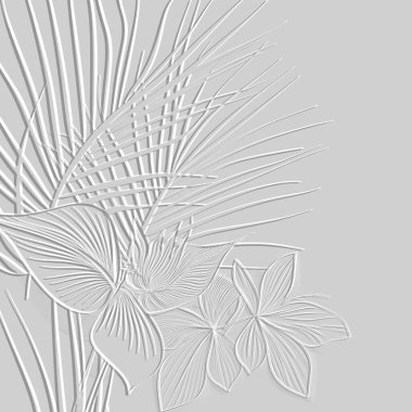 desenli çiçek desenli palmiye yaprakları ve çiçek desenli 3 boyutlu. Tropikal rahatlama. Kabartmalı beyaz süslemeli arka plan. Yüzey yaprakları, dallar. Kabartma efektli 3d yapraklı süs.