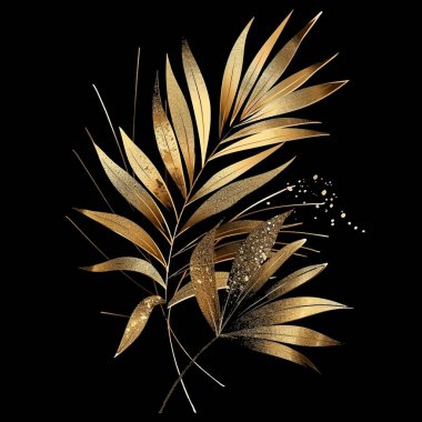 Altın parıltılı tropikal lüks palmiye dalları, yapraklar, simler. Parlak botanik palmiye yaprakları desenli arkaplan çizimi. Dekoratif parlayan güzel, modern 3D tropik tasarım..