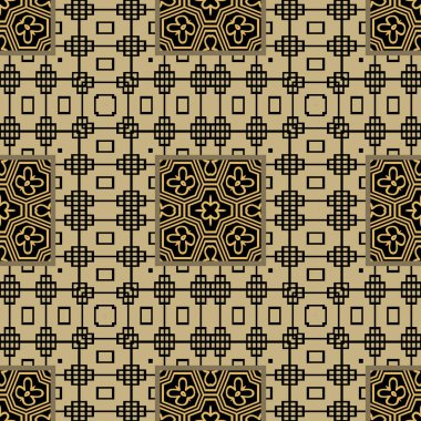 Damalı geometrik arabesk kusursuz desen. Vektör süsleme mozaik ızgara arka planı. Moda yapılandırılmış süsler. Sonsuz desenli doku. Kumaş, iz, kumaş, ambalaj, fayans için..