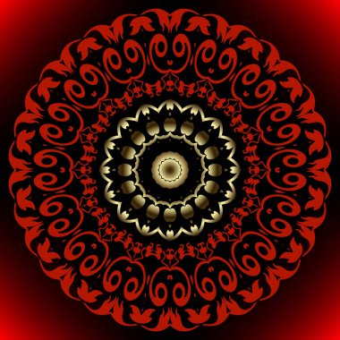 Güzel, kırmızı, parlayan 3d arabesk tarzı çiçek desenli mandala deseni. Lüks süslemeli ışıltı vektör arka planı. Klasik çiçekli etnik süsler.