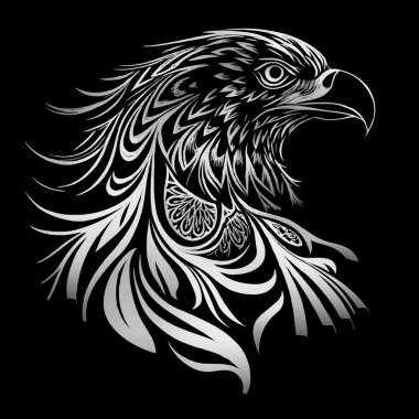 Güzel siyah ve beyaz süslemeli kartal silueti deseni. Kartal desenli modern vektör arkaplanı. Sanatsal süsler. Zarif dekoratif moda tasarımı. Element. Dövme. Logo, amblem.