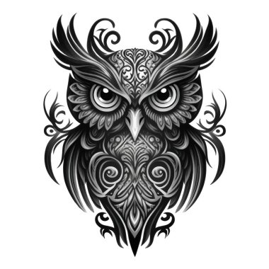 Güzel siyah ve beyaz süslemeli baykuş silueti deseni. Desenli baykuş desenli modern vektör arkaplanı. Karmaşık sanatsal süsler. Çiçek desenli moda tasarımı. Element. Dövme. Logo, amblem
