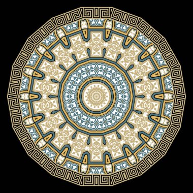 Güzel Arabesk etnik Yunan tarzı mandala modeli. Süslü çiçek arkaplanı. Yunanca çerçeve, sınır, çiçekler ve daha dolambaçlı vektör çemberi süslemelerini tekrarla. Dekoratif modern dekoratif tasarım.