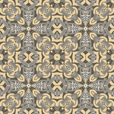 Süslü Arabesk etnik tarzı karmaşık altın pürüzsüz desen. Soyut çiçek arkaplanı. Vektör arkaplanını tekrarla. Güzel süsler. Modern geometrik renkli tasarım. Sonsuz süsleme dokusu.