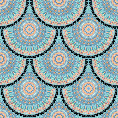 Güzel arabesk etnik tarzı, pürüzsüz mandalalar. Süslü çiçek arkaplanı. Vektör arkaplanını tekrarla. Zarif süsler, sınırlar, çiçekler. Çerçeveler. Sonsuz doku. Kumaş ve parmak izleri için.