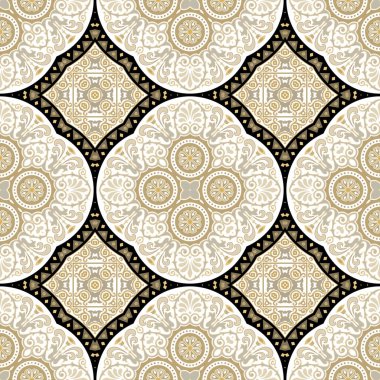 Karmaşık etnik tarzlı, pürüzsüz bir düzen. Süslü çiçek arkaplanı. Vektör arkaplanını tekrarla. Güzel altın süsler, mandalalar, girdaplar, çiçekler. Sonsuz süsleme dokusu.