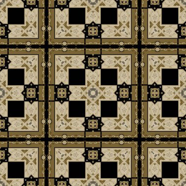 Art deco tarzı kareli çiçekli arabesk desenli. Kabile etnik süsleme şebeke vektör geçmişi. Kare çerçeveli, kenarlı, çiçekli, yapraklı geometrik yinelenen süsler. Sonsuz doku.
