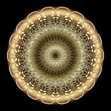 Altın 3D lüks güzel arabesk etnik stili süslü, yuvarlak mandala desenli. Süslü çiçek arkaplanı. Vintage çiçeklerle parlayan Arap süslemeleri. Yüzey altın 3D dokusu.