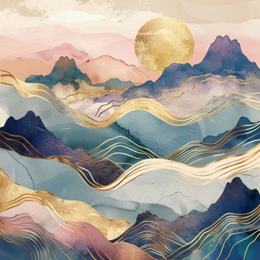 Dağlar Japon tarzı lüks bir arka plan. Suluboya fırçalar ve altın çizgili sanat dokusuyla minimalist manzara sanatı. İzler için soyut sanat duvar kağıdı, Sanat Dekorasyonu, Duvar Sanatları ve Tablo baskıları