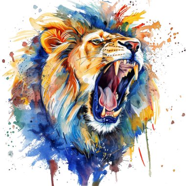 Kükreyen aslan rengarenk grafiti stili suluboya vektör desenli arkaplan çizimi. İzole edilmiş modern, güzel, sıvı fırça darbeleri beyaz arka planda aslan tasarımı.