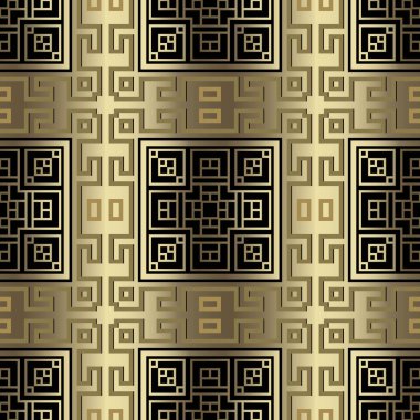 Altın lüks damalı Yunan tarzı modern 3D pürüzsüz desen. Süslü altın ve siyah şebeke arka planı. Vektör arkaplanını tekrarla. Yunan şapkalı güzel eski süsler. Sonsuz süsleme dokusu.