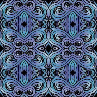 Mavi soyut çiçekler, girdaplar, kıvrımlar, noktalar. Süslü, güzel bir arka plan. Görkemli süsler. Sonsuz süsleme dokusu.