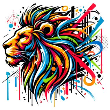 Graffiti style paint lion head silhouette with colorful vibrant mane, liquid dye, splashes, stripes, drops, brush strokes. Dirty decorative modern design. Lion portrait. Isolated on white background. clipart